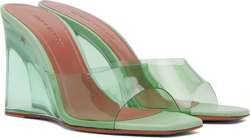 Amina Muaddi Green Lupita Glass Wedge Heeled Sandals