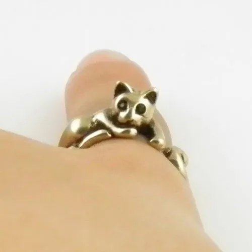 Animal Wrap Ring - Lazy Cat - Yellow Bronze - Adjustable Ring - keja Jewelry