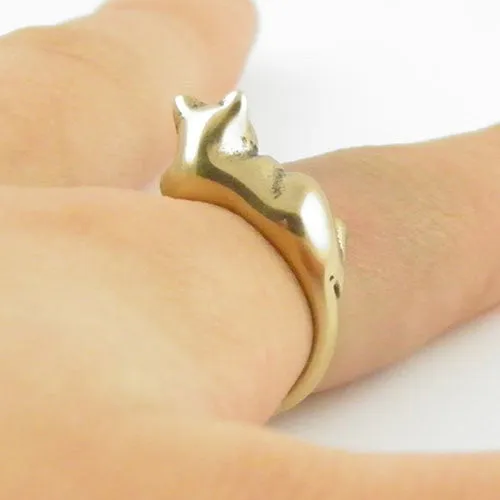 Animal Wrap Ring - Lazy Cat - Yellow Bronze - Adjustable Ring - keja Jewelry