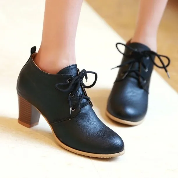 Black Lace Up Vintage High Heels Oxfords Dress Shoes