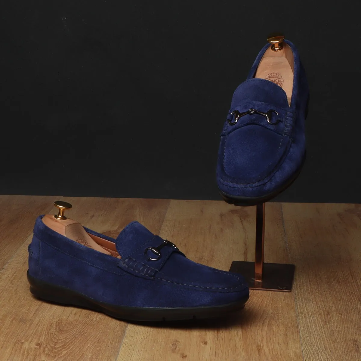 Blue Suede Leather Horse-bit Loafers By Brune & Bareskin