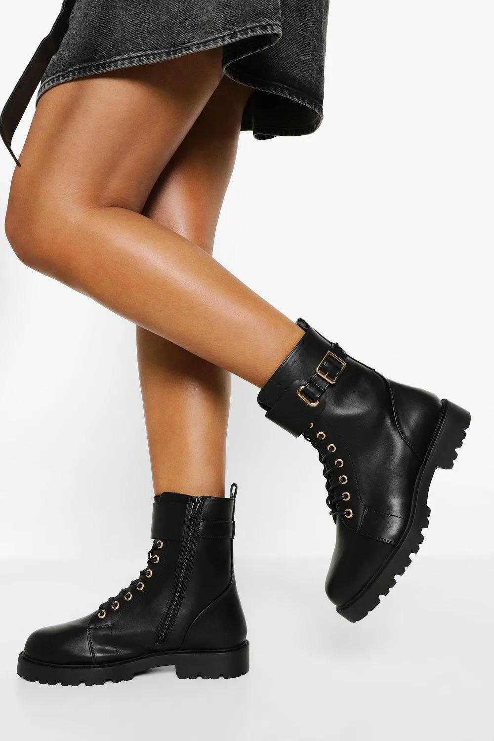 Buckle Detail Lace Up Combat Boots