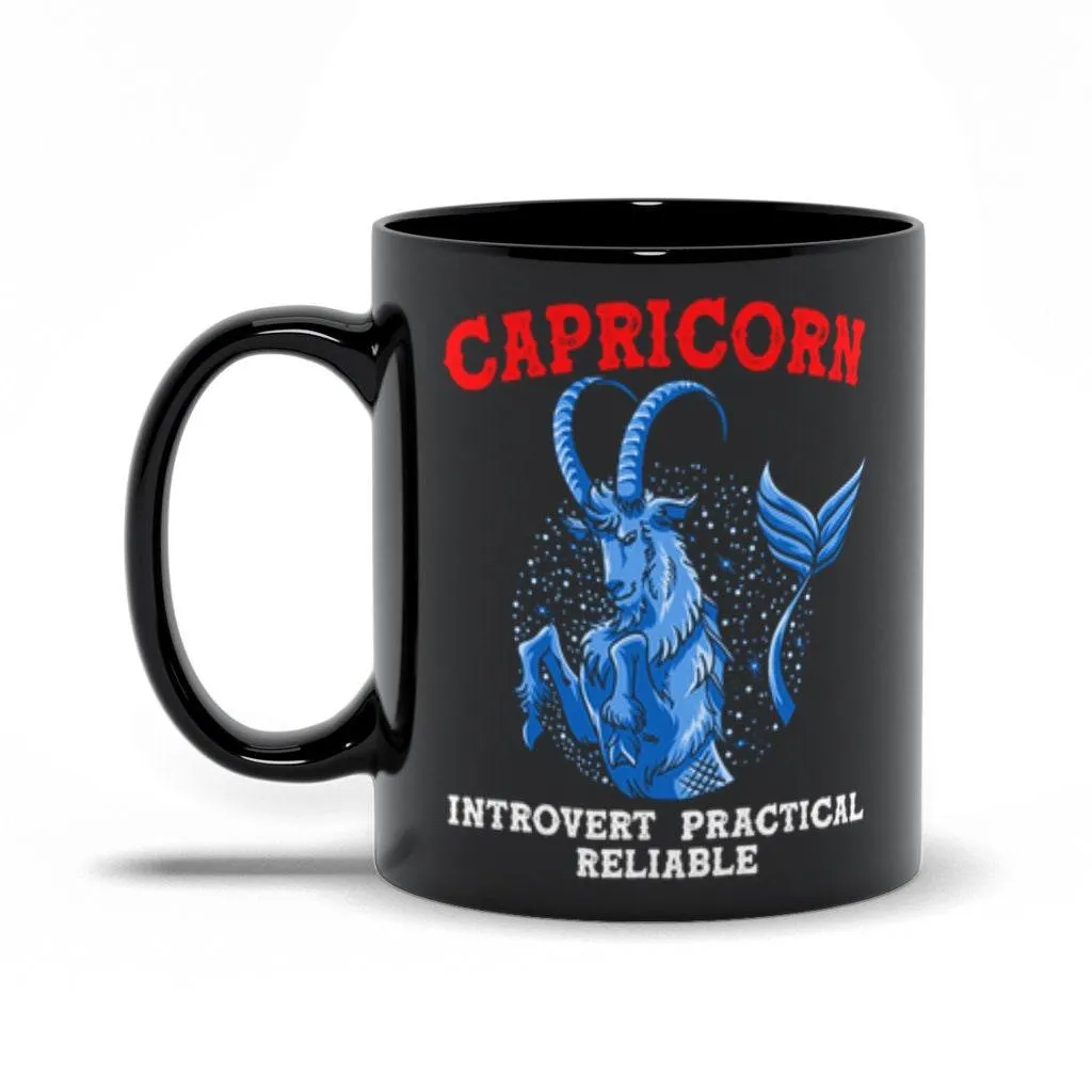 Capricorn Qualities  Introvert, Practical, Reliable Black Mugs, Capricon Zodiac design Mug, Capricon Gift ideas, December Born, 