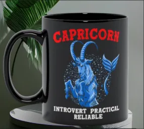 Capricorn Qualities  Introvert, Practical, Reliable Black Mugs, Capricon Zodiac design Mug, Capricon Gift ideas, December Born, 