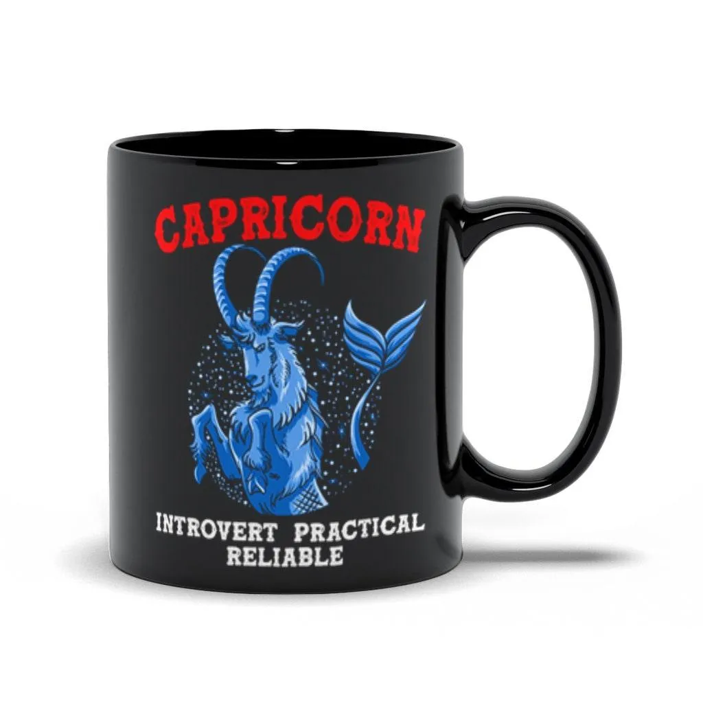 Capricorn Qualities  Introvert, Practical, Reliable Black Mugs, Capricon Zodiac design Mug, Capricon Gift ideas, December Born, 