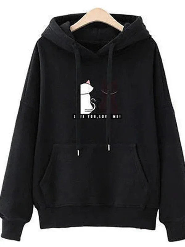 Cat Print Plus Size Hooded Sweatshirt for Women