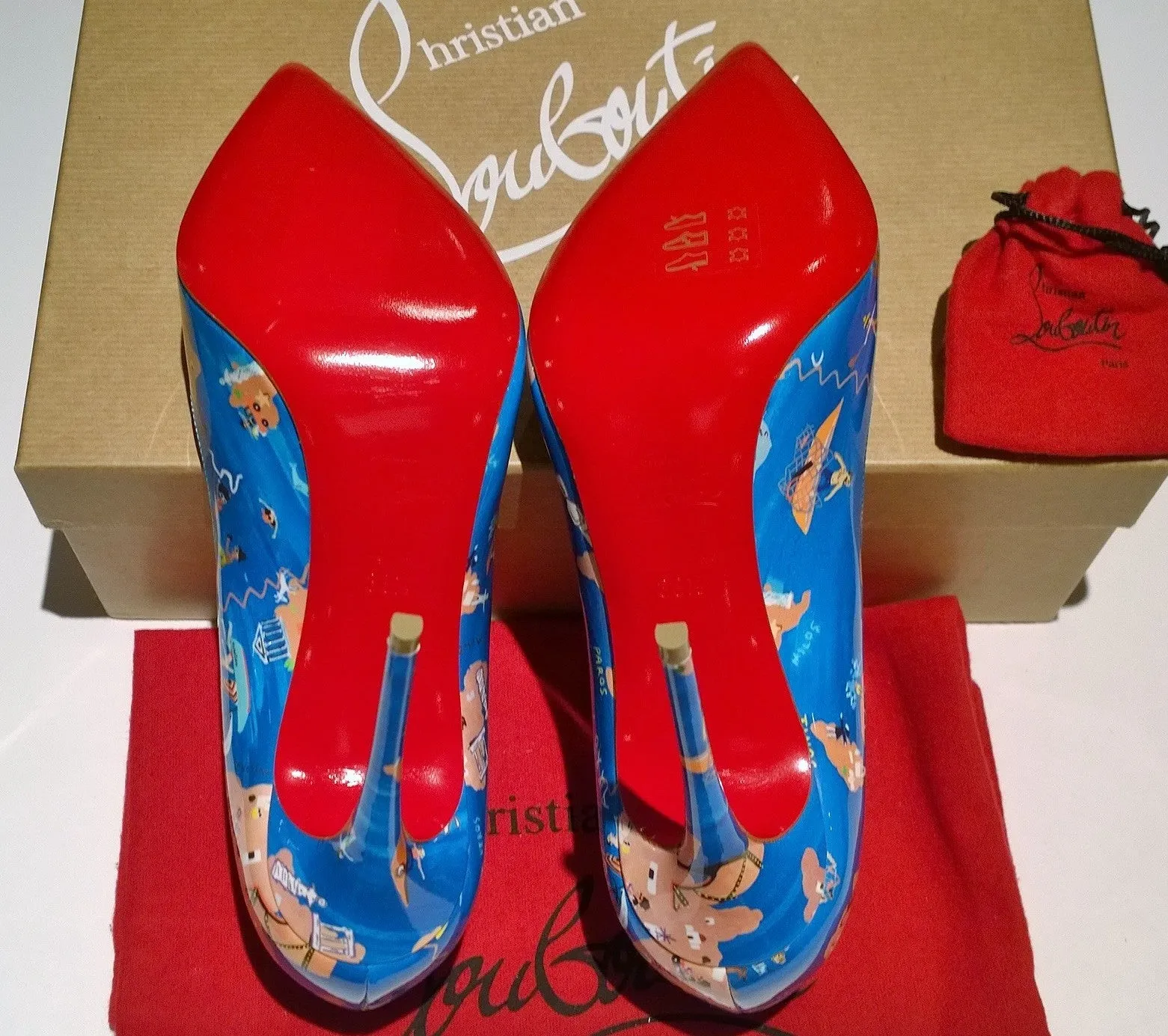 Christian Louboutin Hot Chick 100 Patent Blue Odissey Print Heels