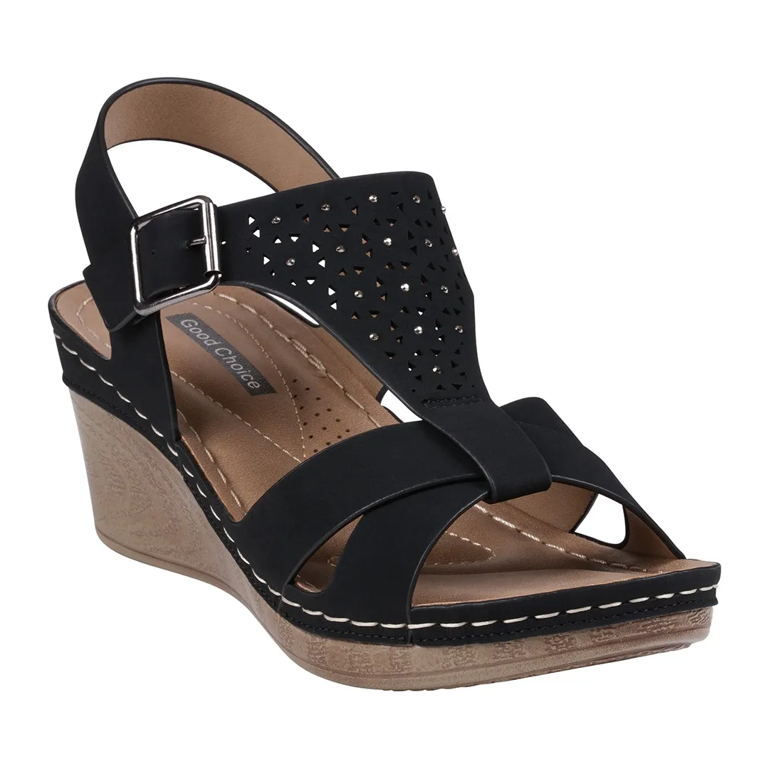 Cole Black Embellished T-Stap Wedge Sandals