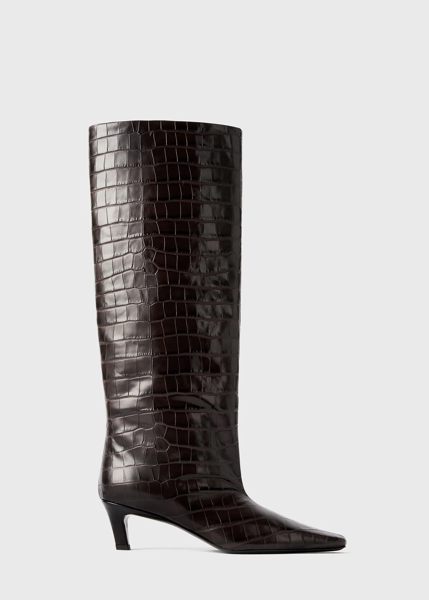 Croco-embossed wide shaft boots dark brown