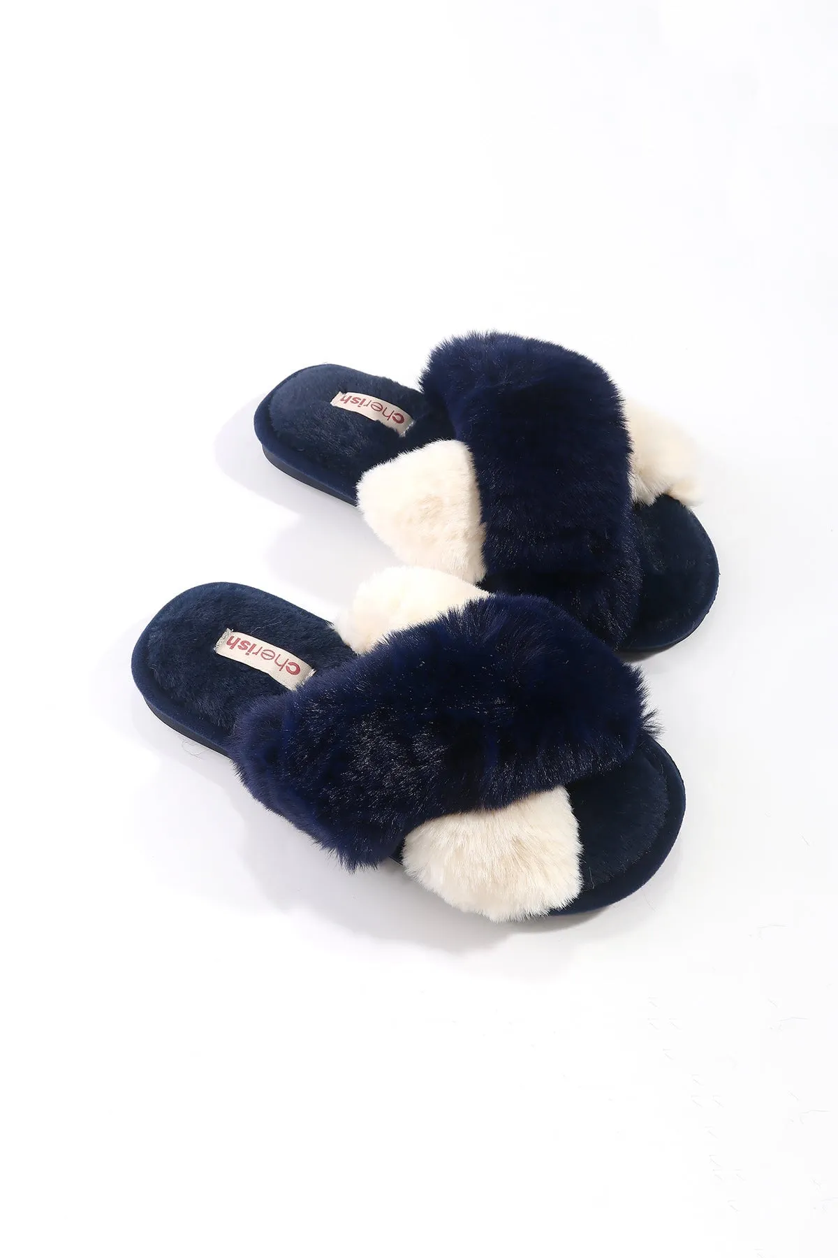 Dark Blue Contrast Faux Fur Mule Slippers