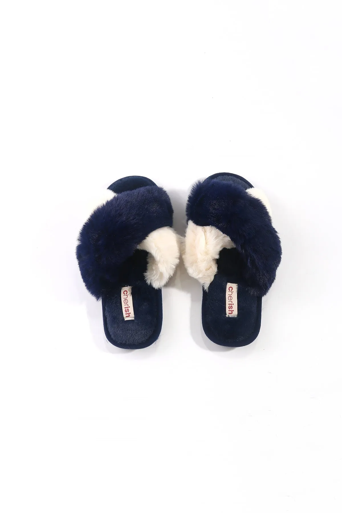 Dark Blue Contrast Faux Fur Mule Slippers