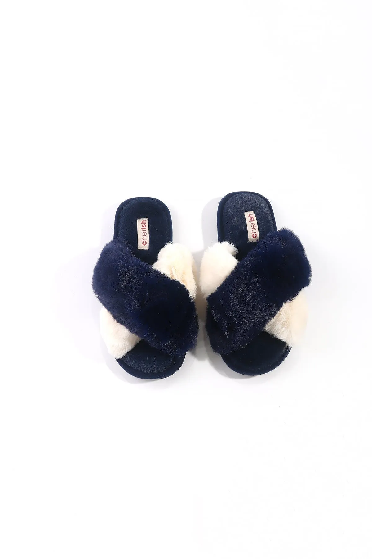 Dark Blue Contrast Faux Fur Mule Slippers