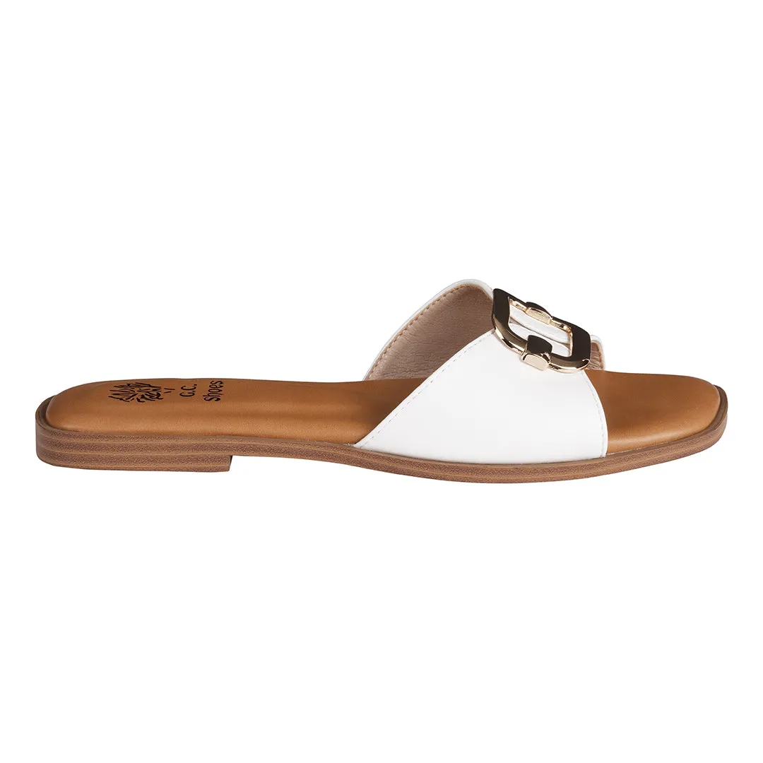 Davina White Hardware Slide Flat Sandals