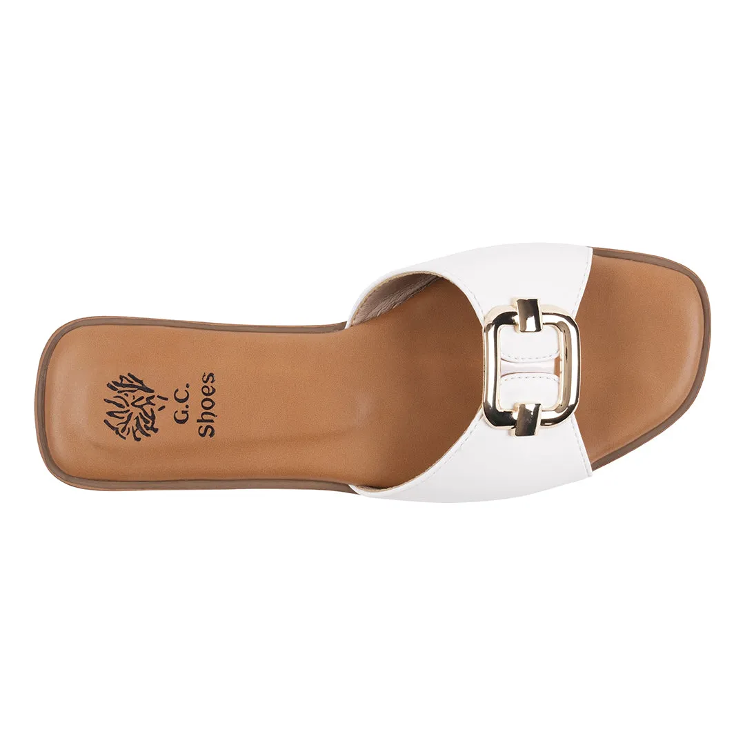 Davina White Hardware Slide Flat Sandals