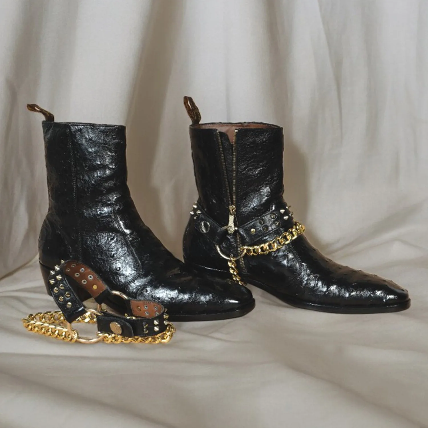 Exotic Black Ostrich Leather Cuban Boots with Removable Chain