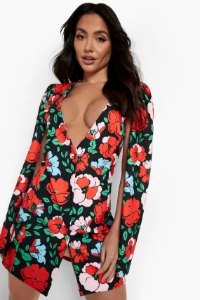 Floral Print Cape Sleeve Blazer Dress