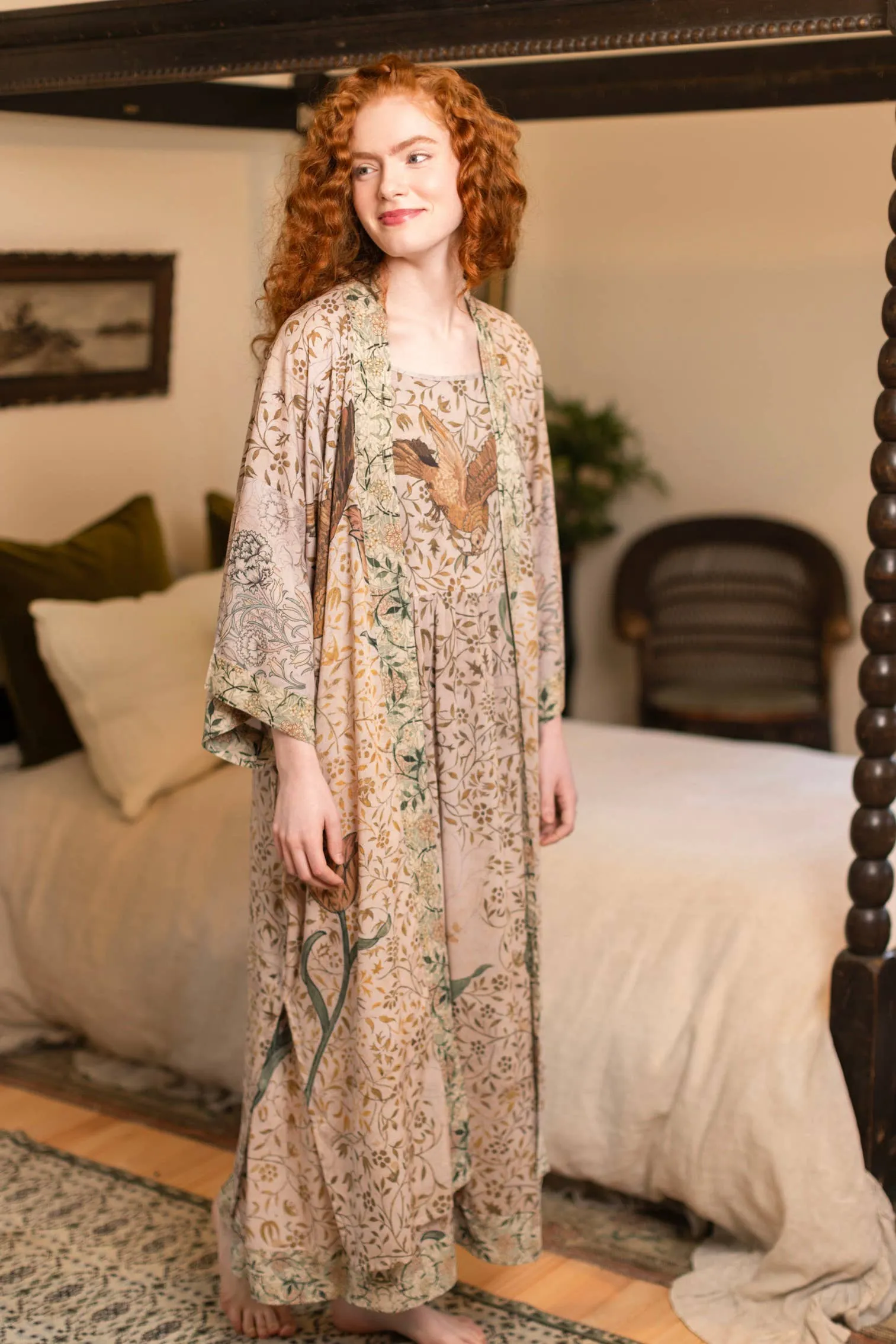 FolkloreBamboo Floral Bird Kimono Duster Robe