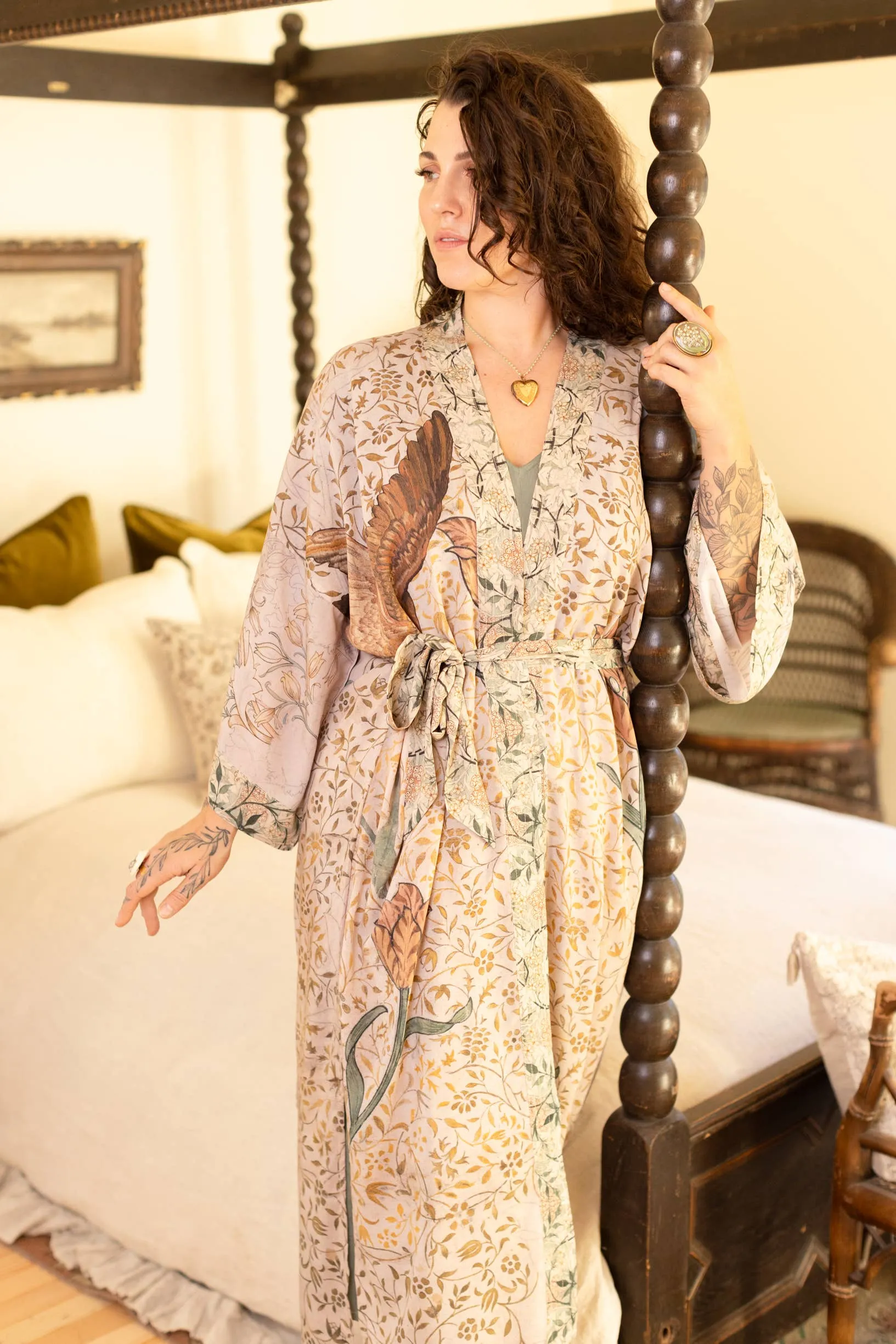 FolkloreBamboo Floral Bird Kimono Duster Robe