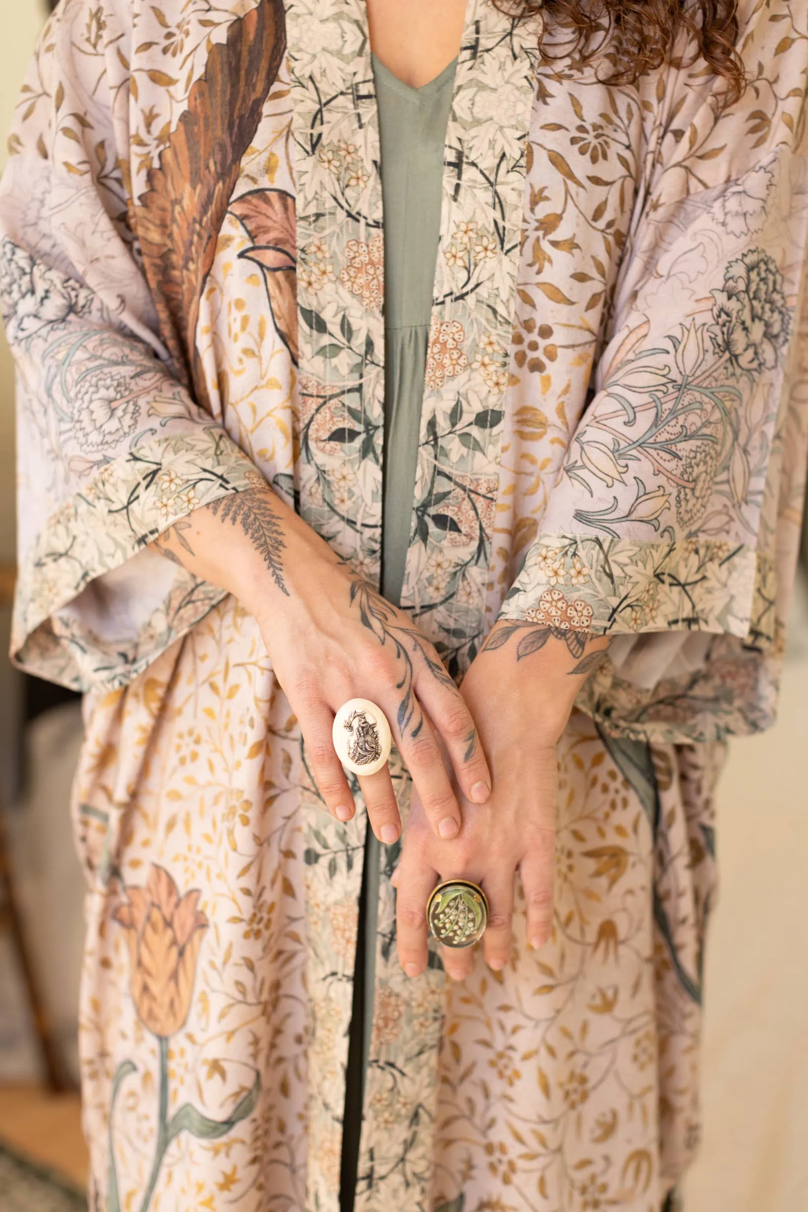 FolkloreBamboo Floral Bird Kimono Duster Robe