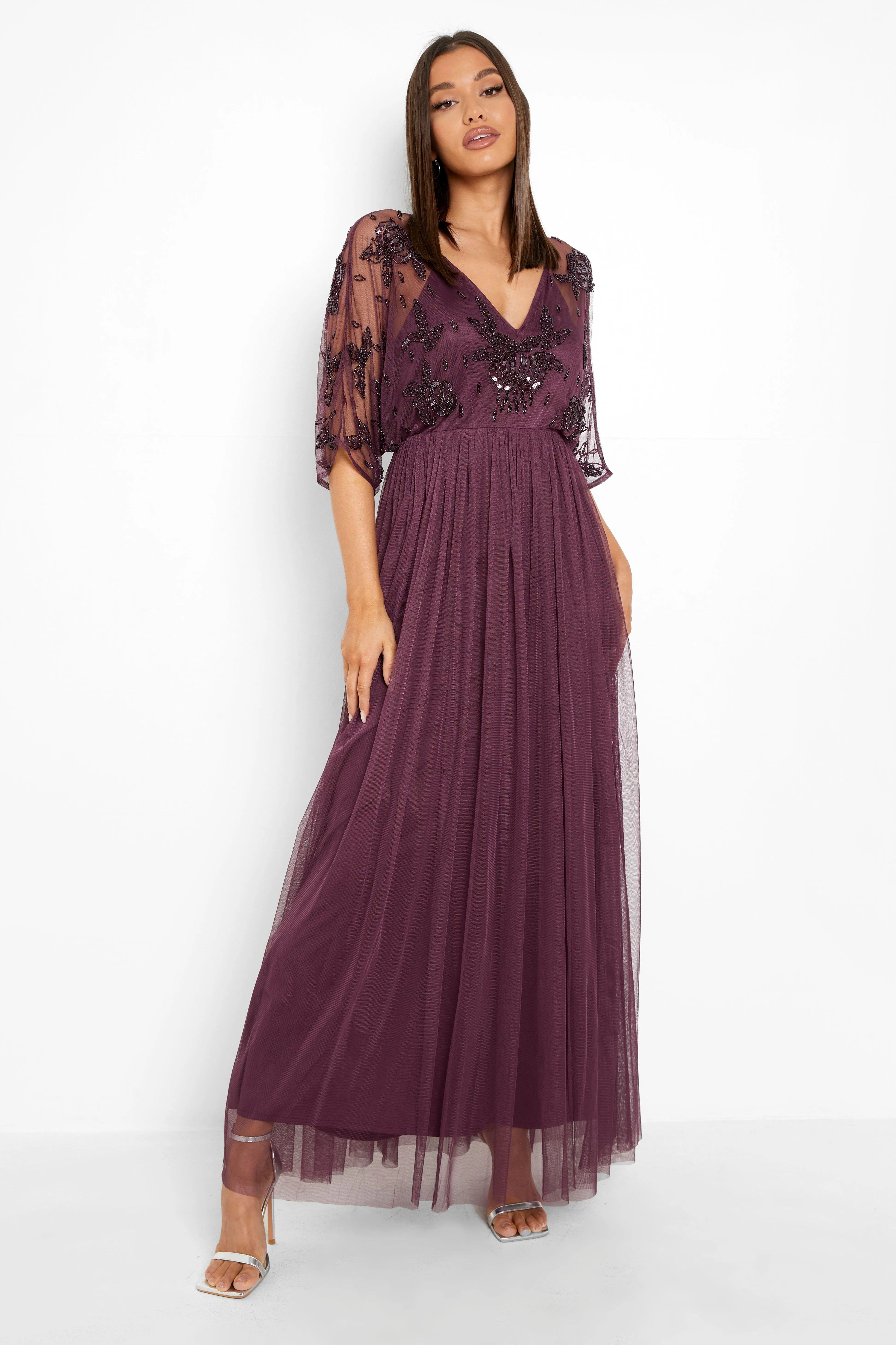 Hand Embellished Kimono Mesh Maxi Dress