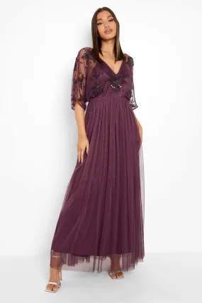 Hand Embellished Kimono Mesh Maxi Dress