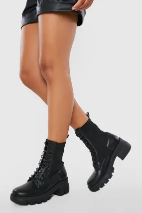 Knit Detail Chunky Sole Lace Up Combat Boots