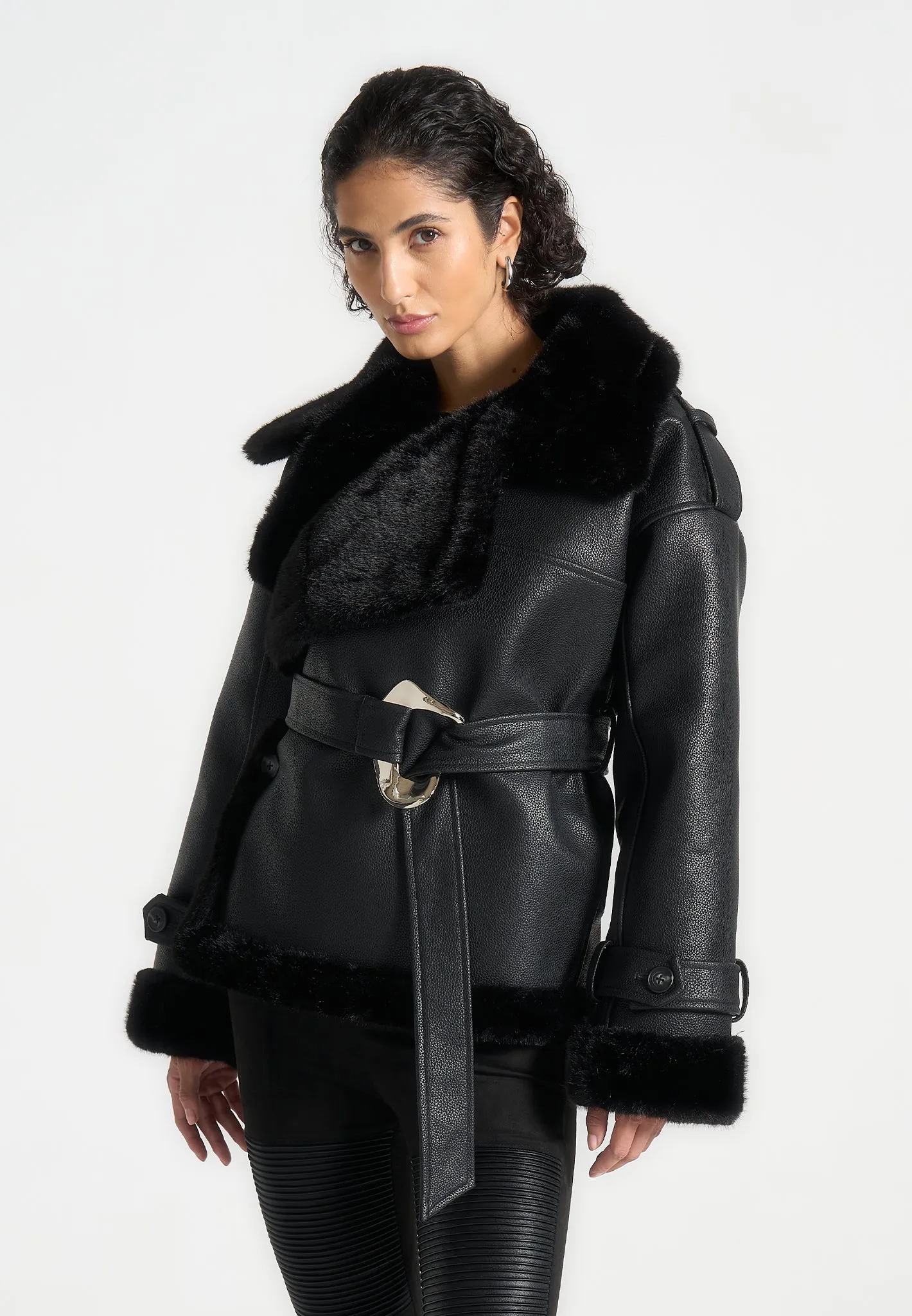 Leather and Plush Wrap Belted Jacket - Black