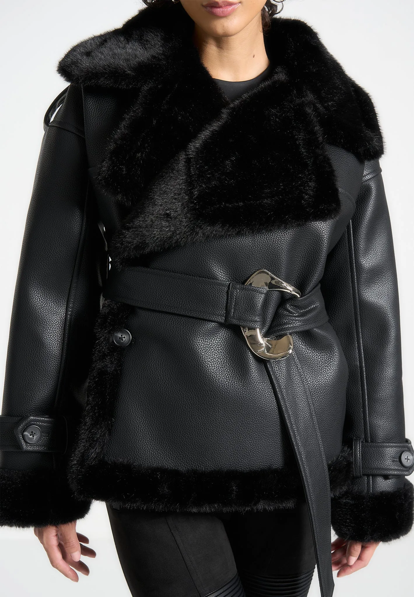 Leather and Plush Wrap Belted Jacket - Black