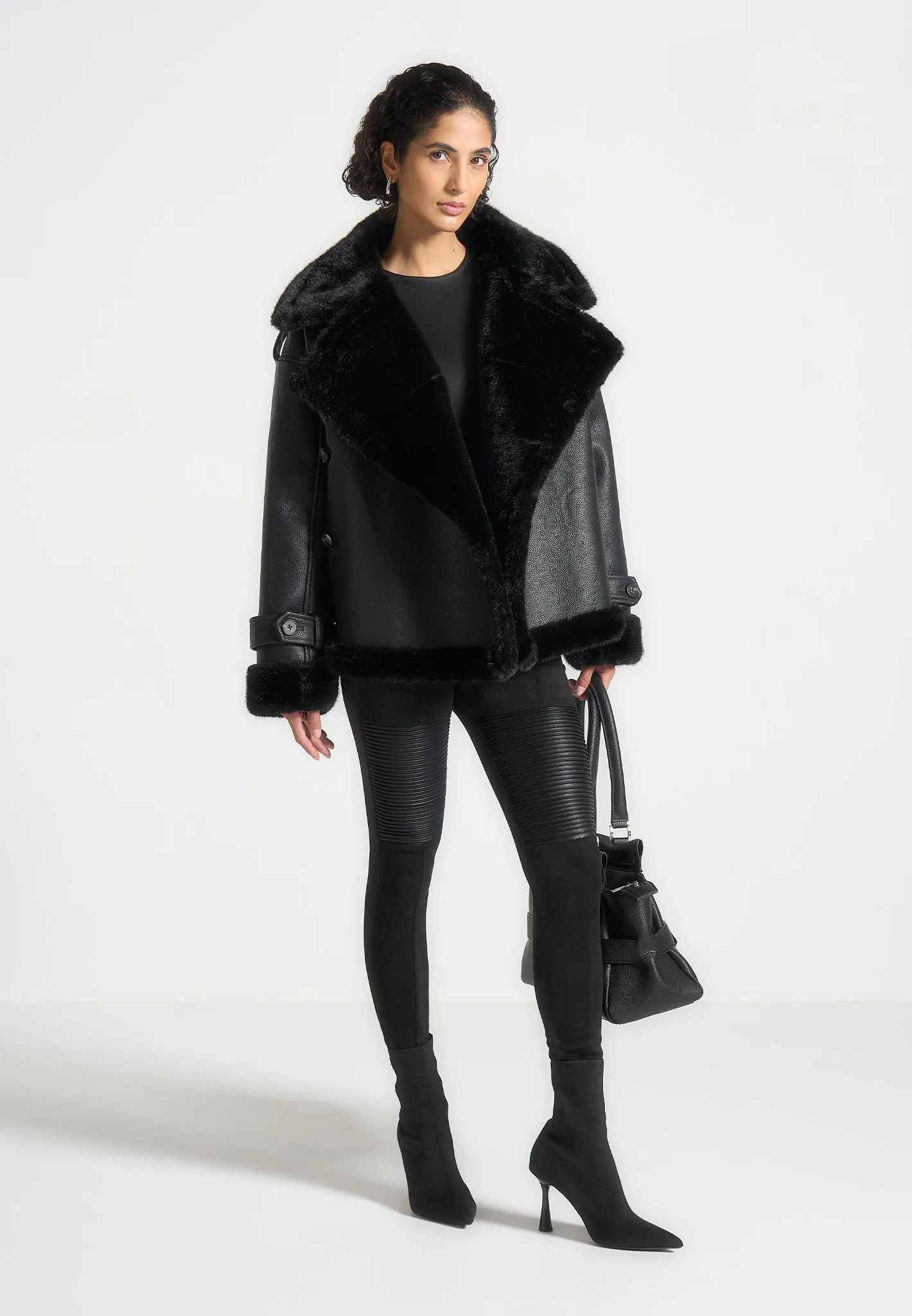 Leather and Plush Wrap Belted Jacket - Black