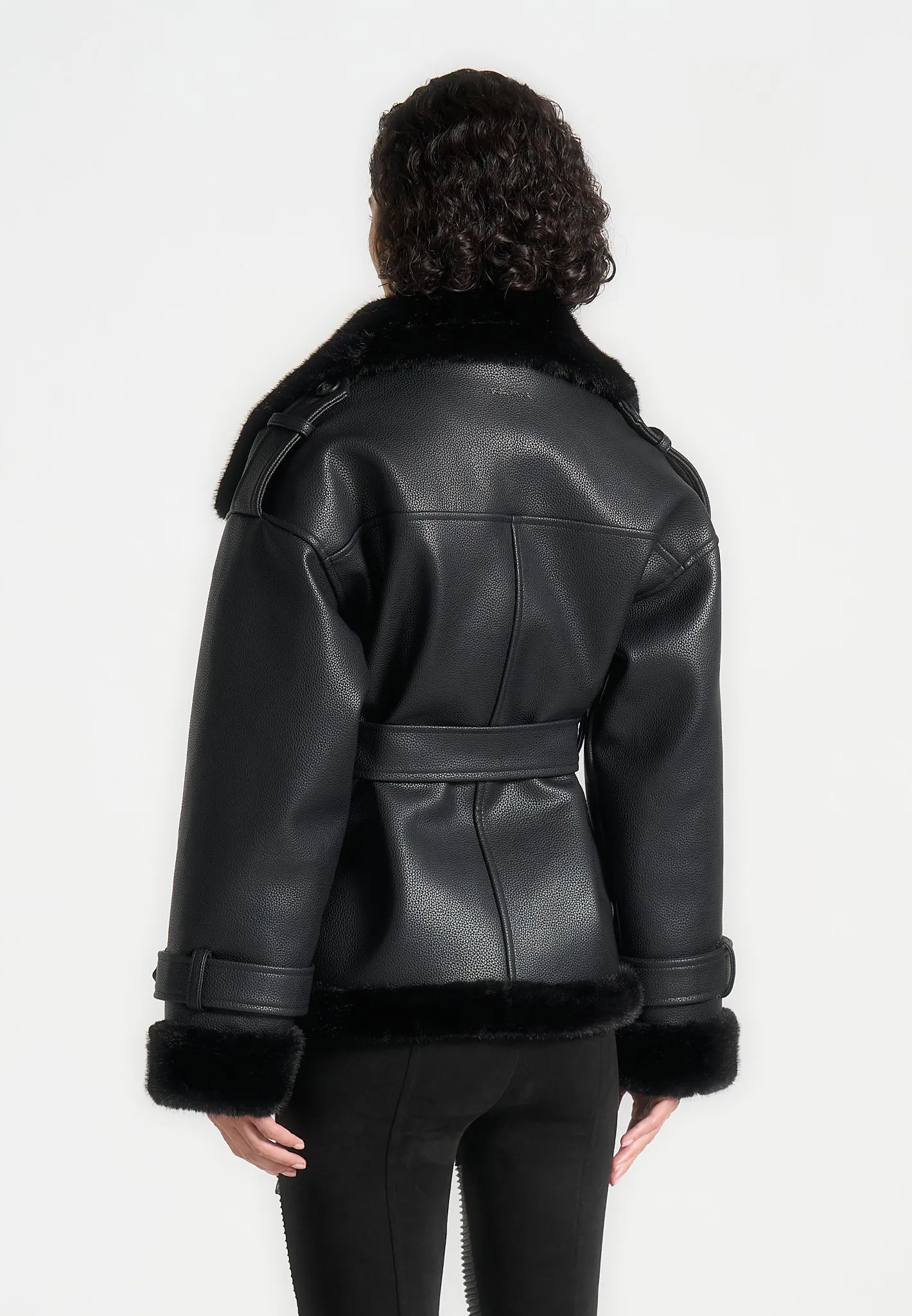 Leather and Plush Wrap Belted Jacket - Black