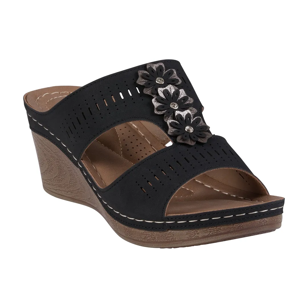 Lisette Perforated Black T-Strap Flower Wedge Sandals