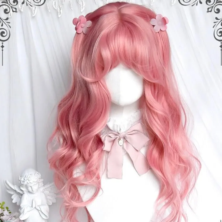 Lolita cute girl peach pink air bang long curly wig |love letter| BY6214