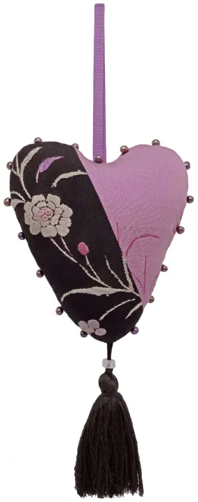 Love Heart Charm in antique embroidery & kimono silk