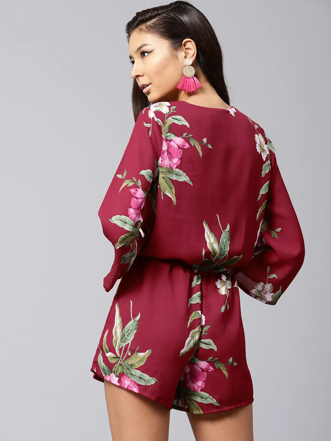 Maroon Tropical Wrap Romper