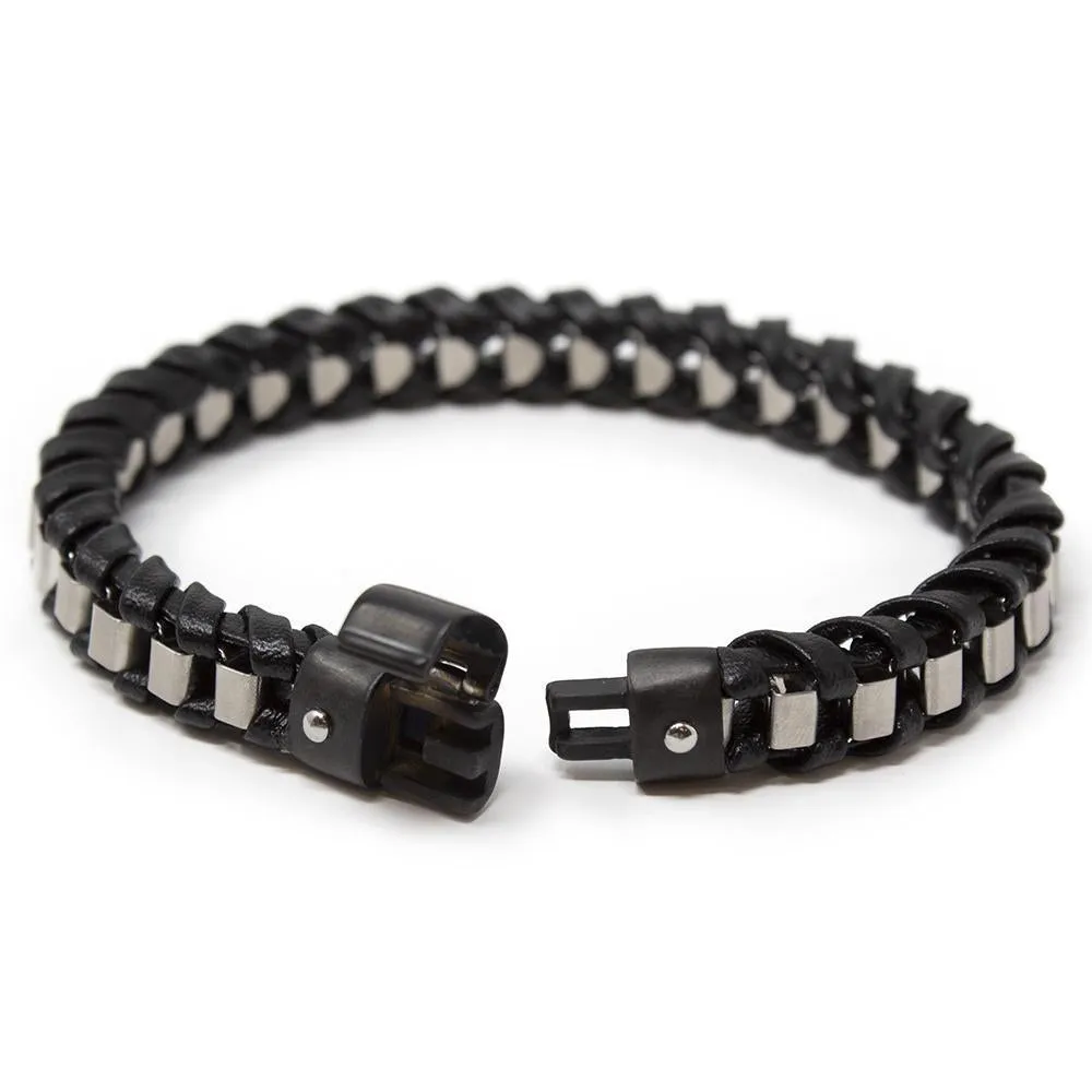 Men's Stainless Steel Braided Leather Bracelet Black