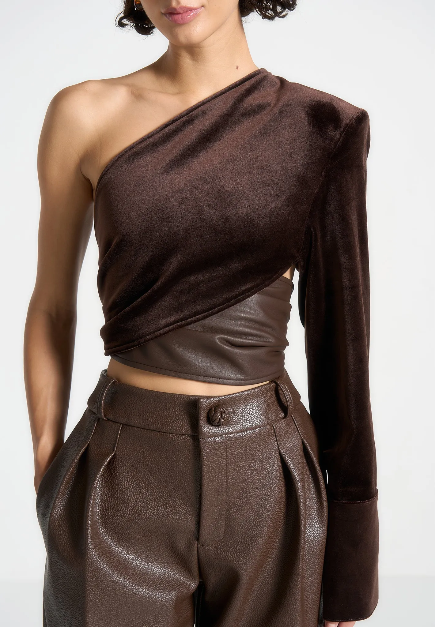 One Sleeve Velour Wrap Top - Brown