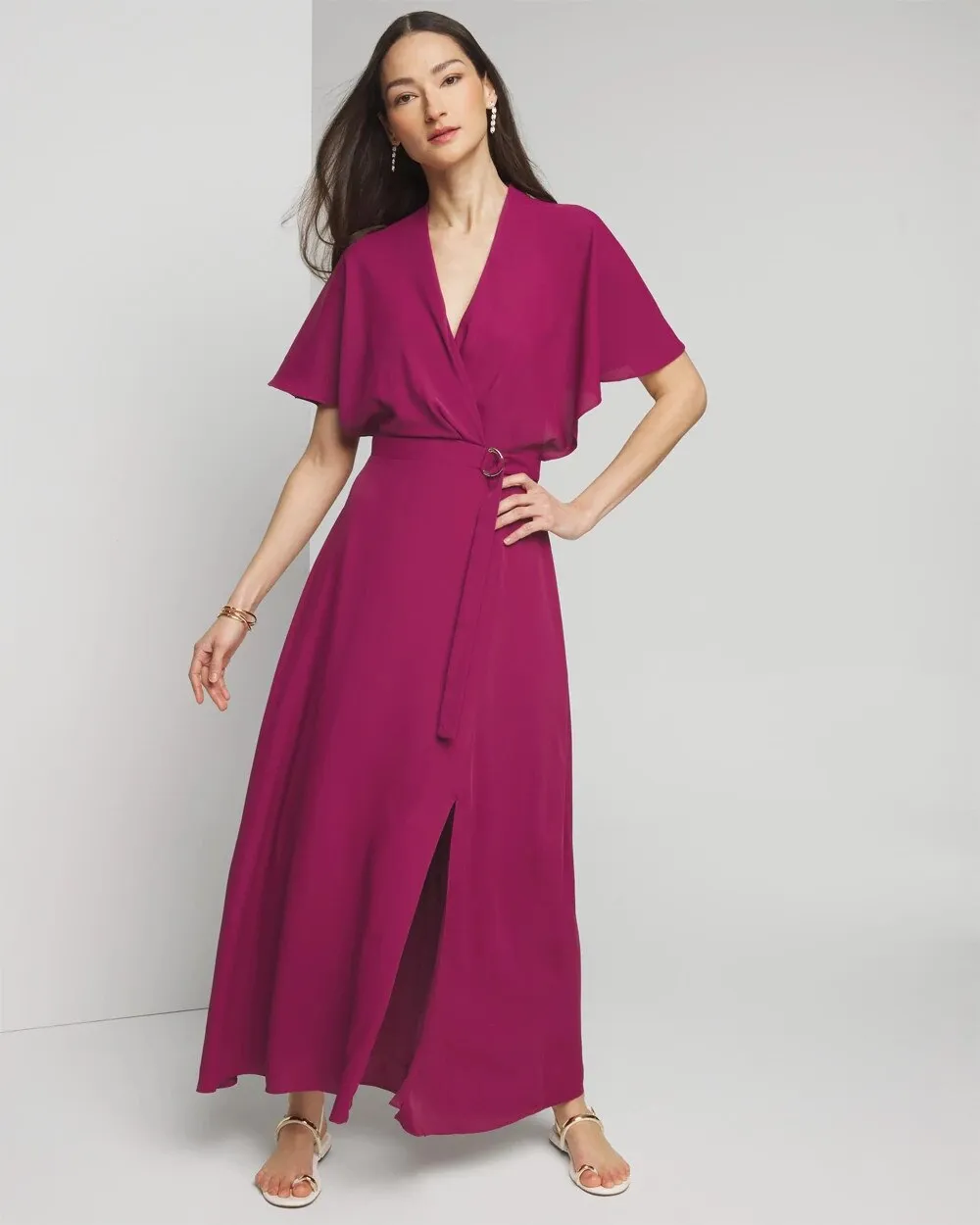 Petite Cape Belted Maxi With Slit Dress