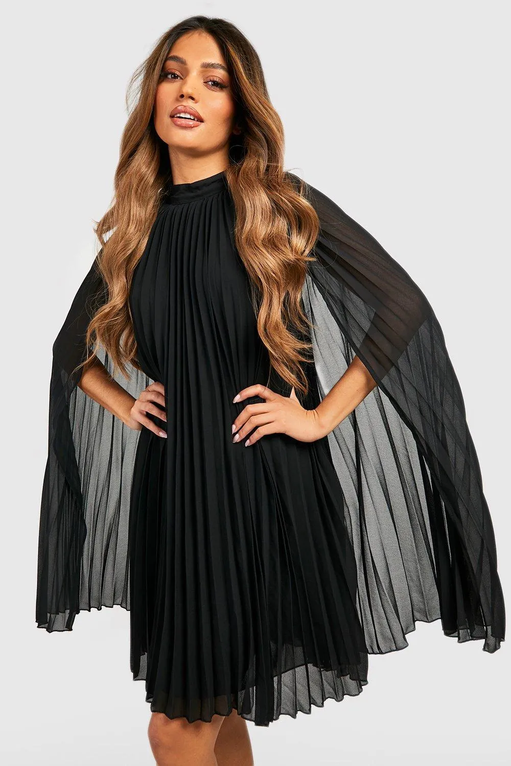 Pleated Cape Swing Dress