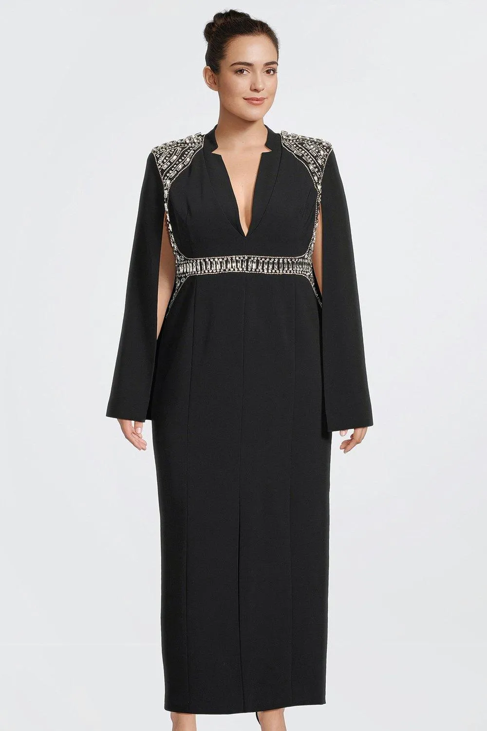 Plus Size Embellished Caddy Plunge Cape Sleeve Woven Midi Dress | Karen Millen