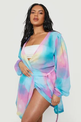 Plus Tie Dye Chiffon Belted Beach Kimono