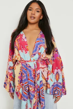 Plus Woven Paisley Wrap Kimono Sleeve Top