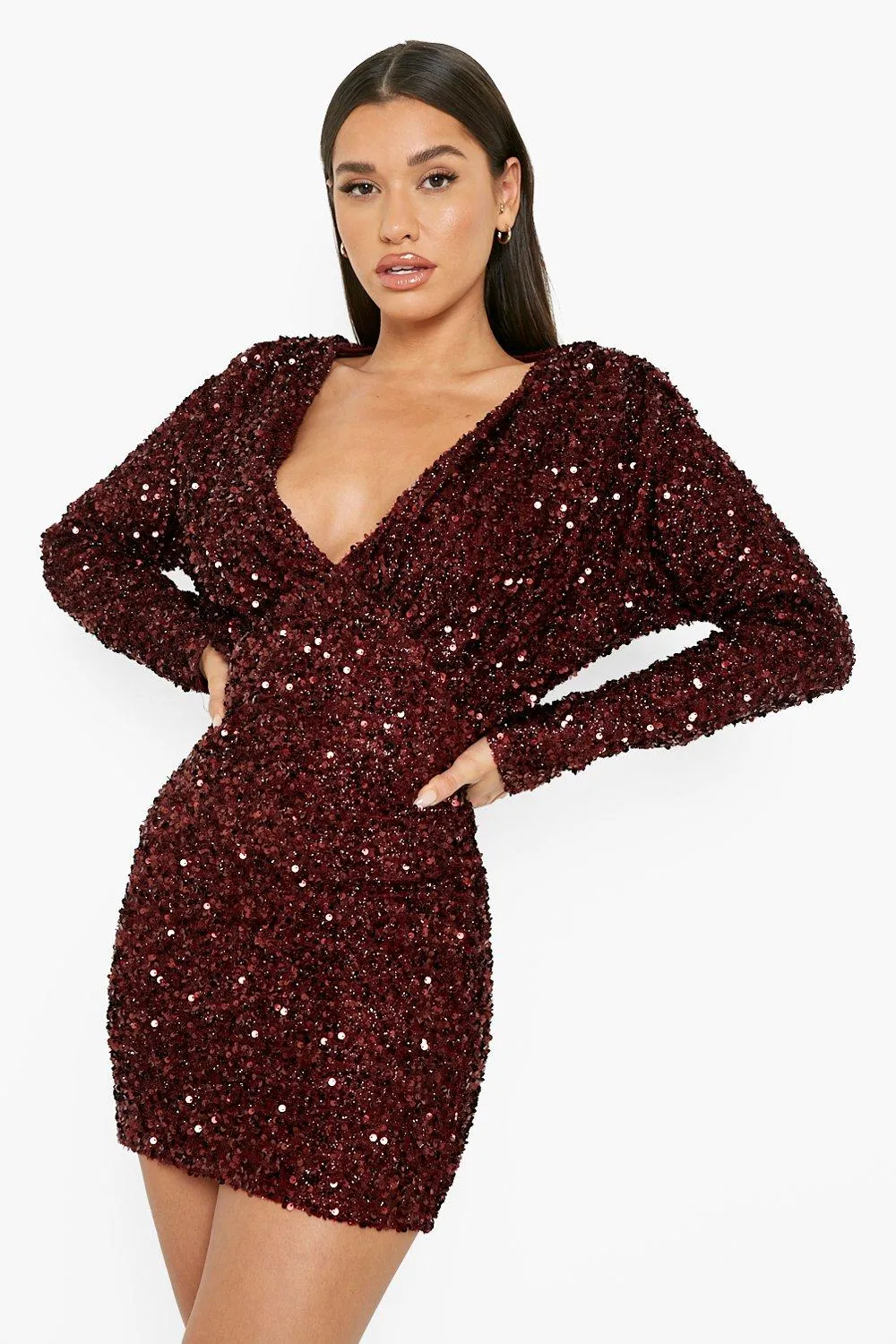 Sequin Kimono Sleeve Plunge Mini Party Dress