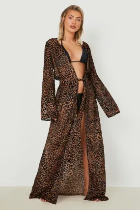 Sheer Leopard Devore Maxi Belted Beach Kimono