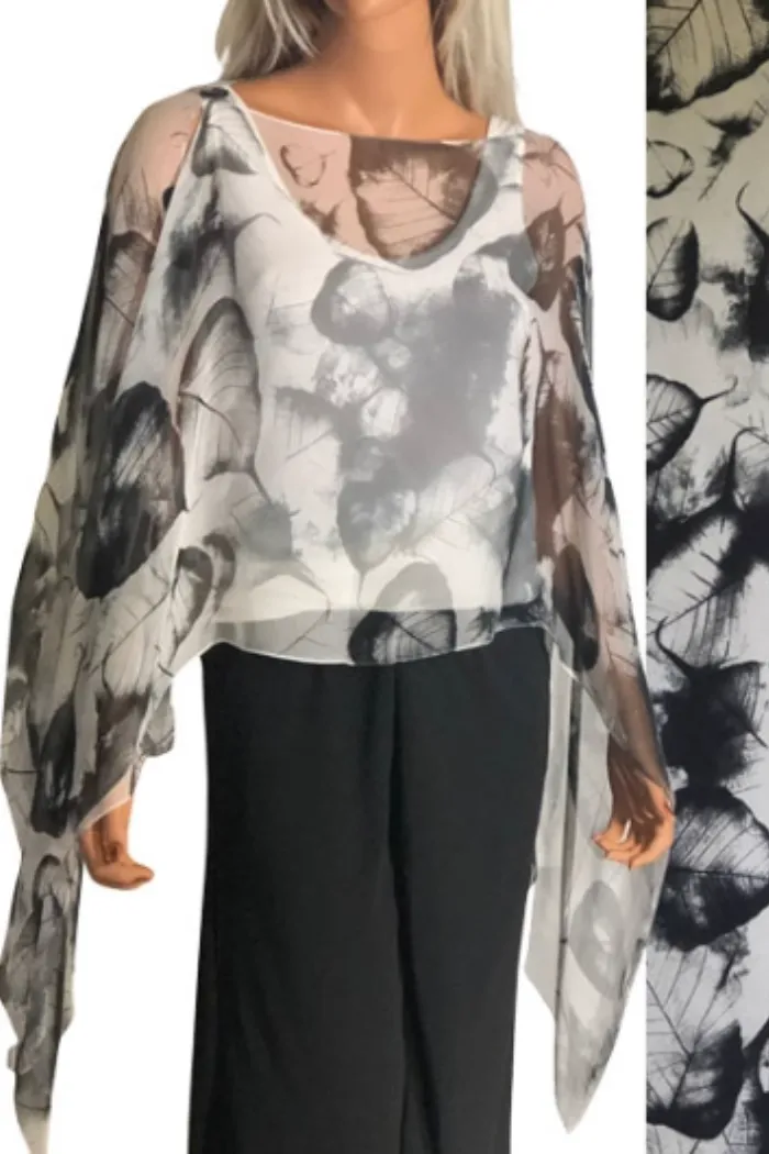 Silky Sheer 6-Button Poncho - Black Leaves