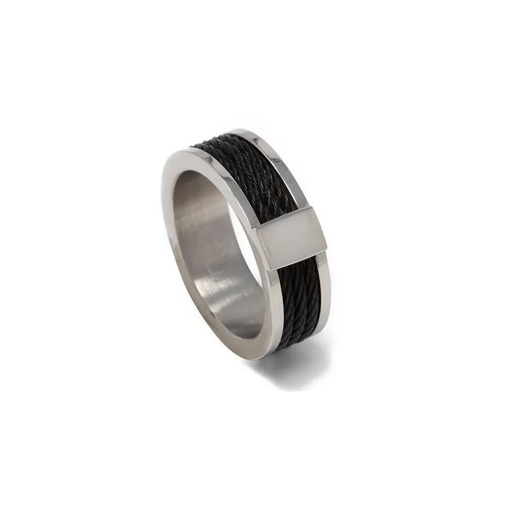 Stainless St. 3 Black Cable Inlay Ring