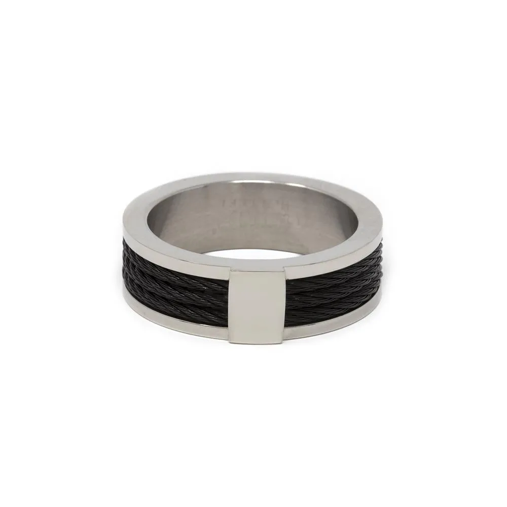 Stainless St. 3 Black Cable Inlay Ring