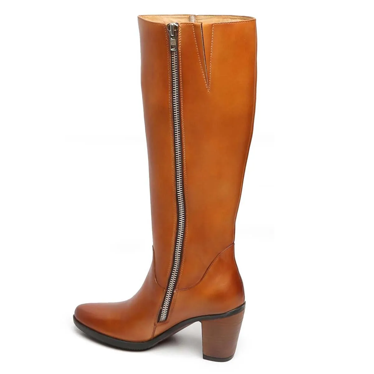 Tan Knee Height Blocked Heel Ladies Leather Boots By Brune & Bareskin