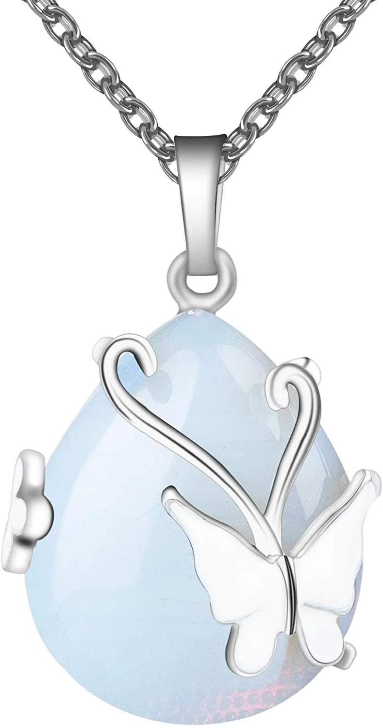 Teardrop Opalite Wire Wrap Butterfly Pendant Necklace 18