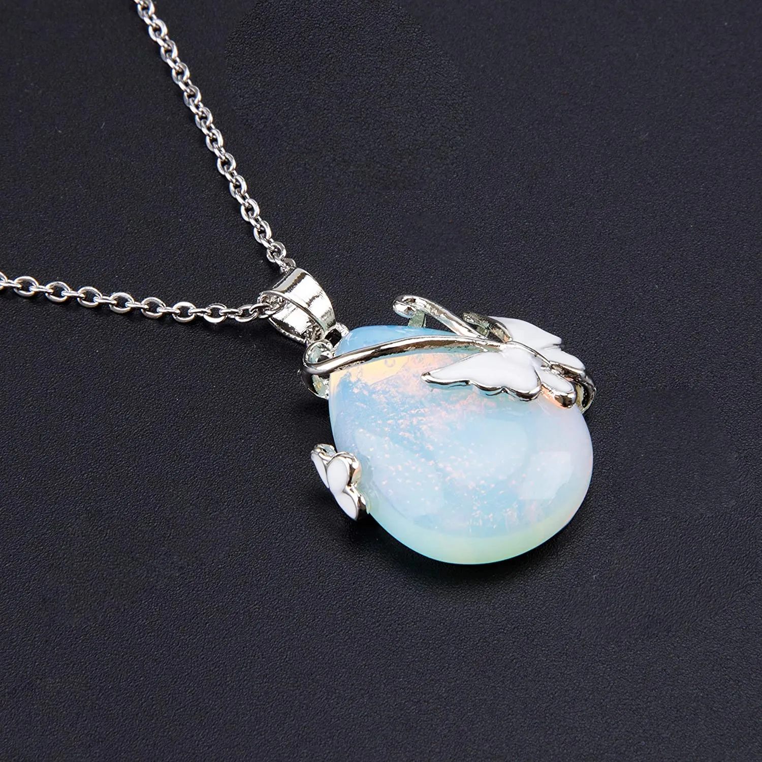 Teardrop Opalite Wire Wrap Butterfly Pendant Necklace 18