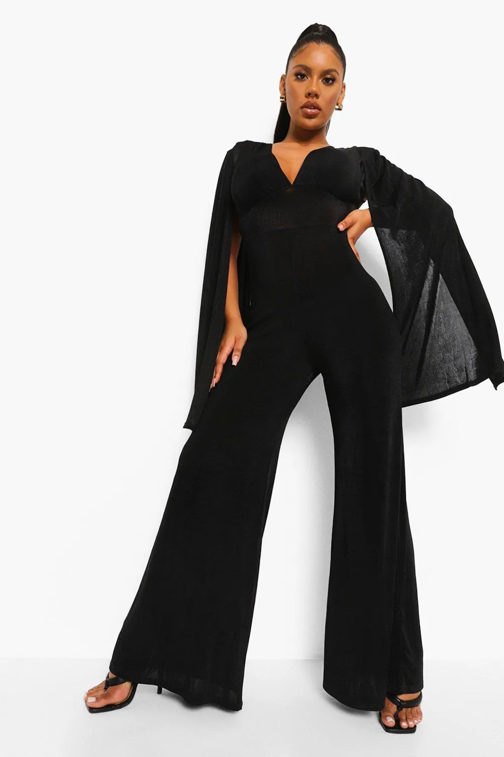 Textured Slinky Wide Leg Cape Jumpsuit